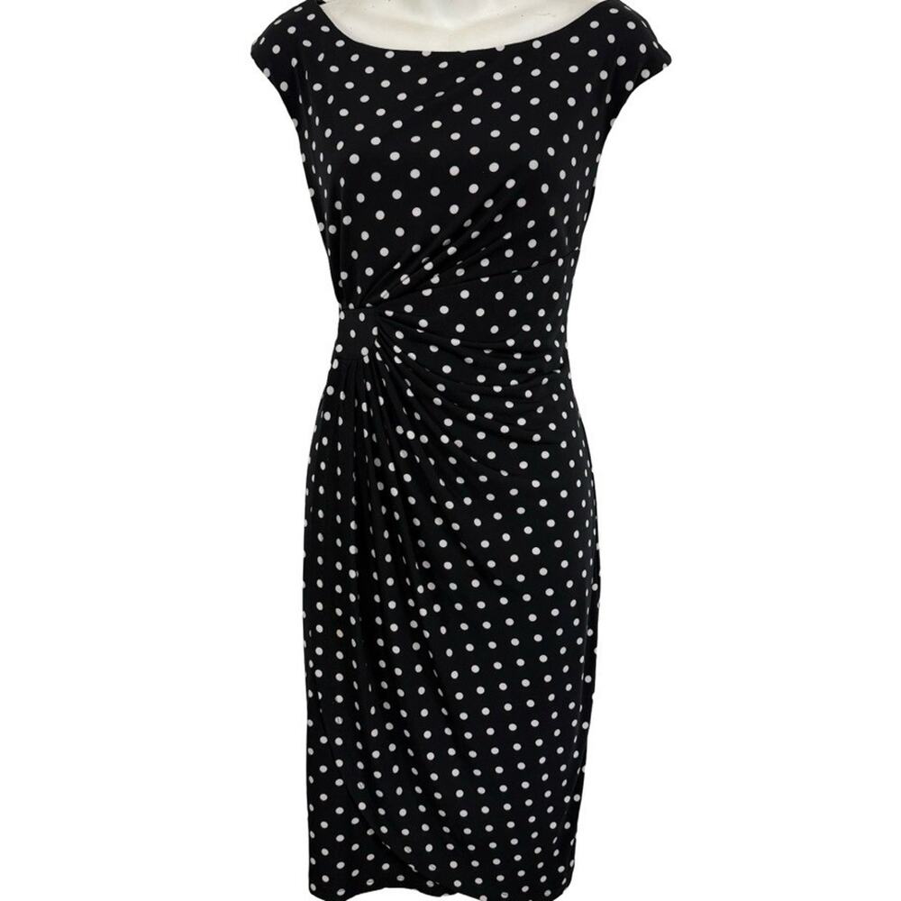 Connected Apparel Womens Black White Polka Dot Stretch Knit Ruched Dress sz 6